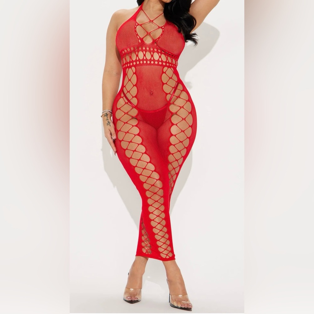 Fishnet Dress Bodystocking One Size Red NWT
